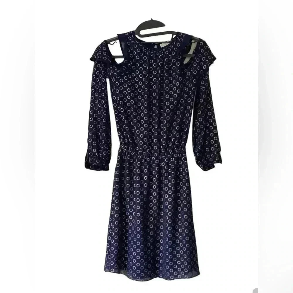 Michael Kors Navy&  Gold Geometric Print Cold Shoulder Mini Dress Size XXS